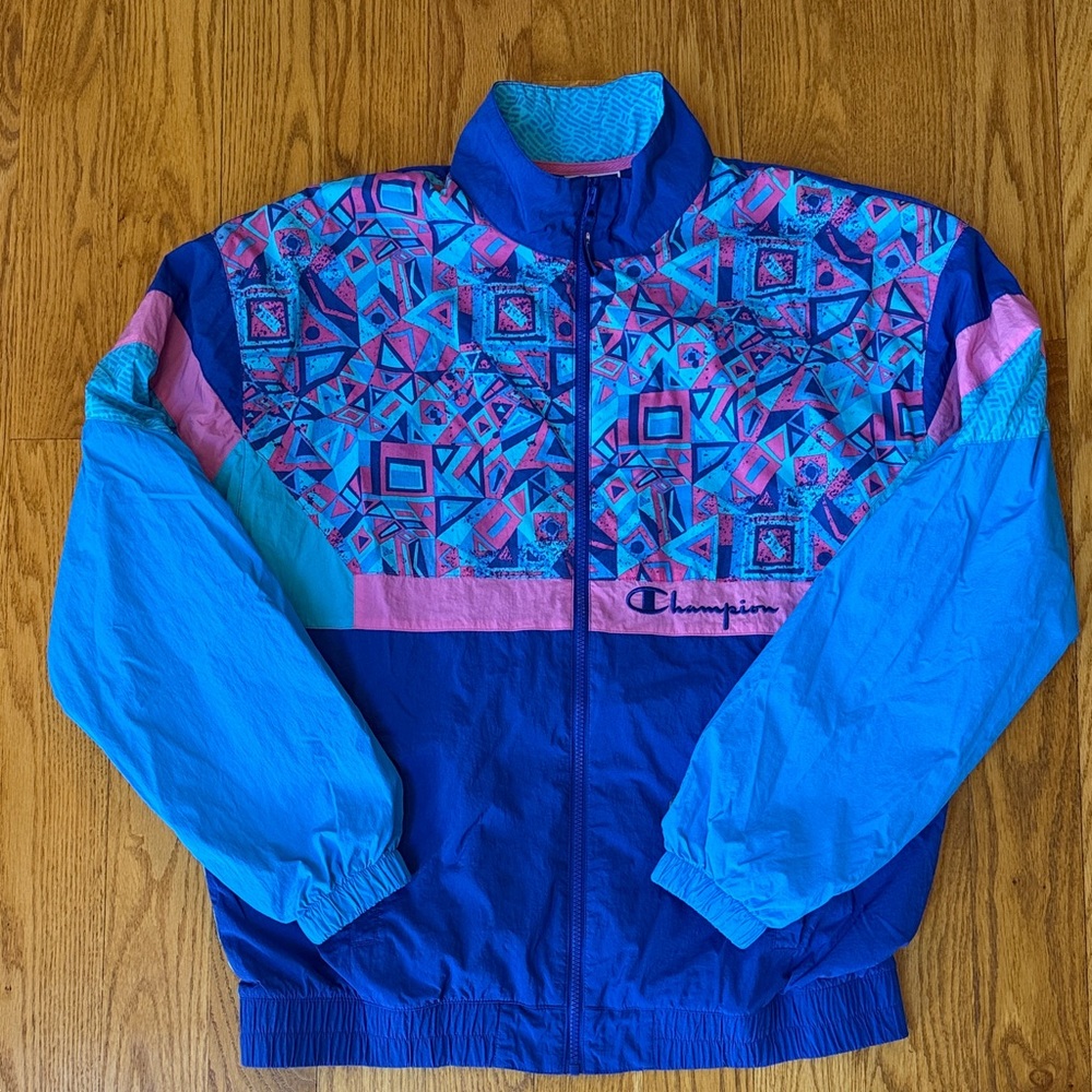 Champion MTV Windbreaker Jacket, Blue Pink Geometric, Men’s Large